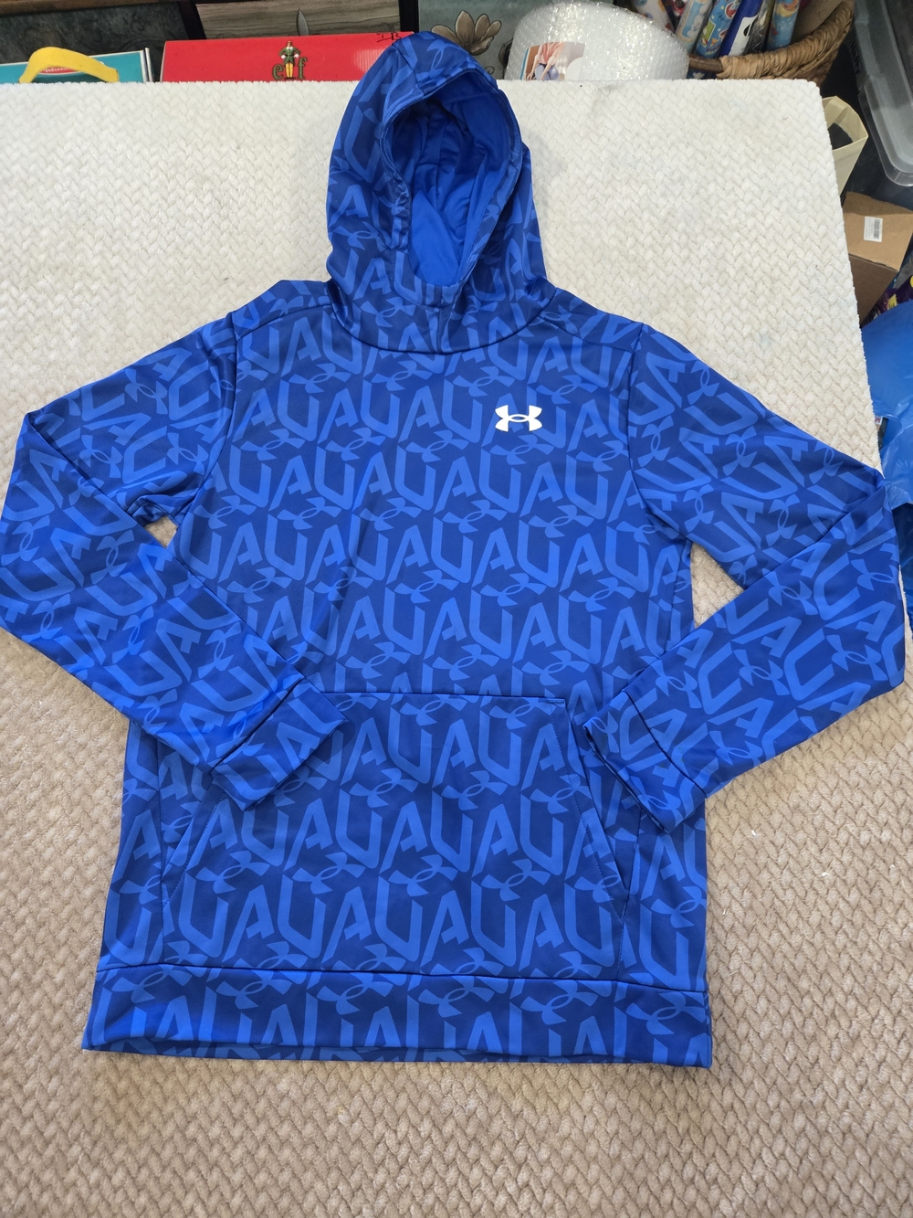 Under Armour Boys Youth XL Blue All Over Logo Pullover Hoodie - Picture 3 of 11